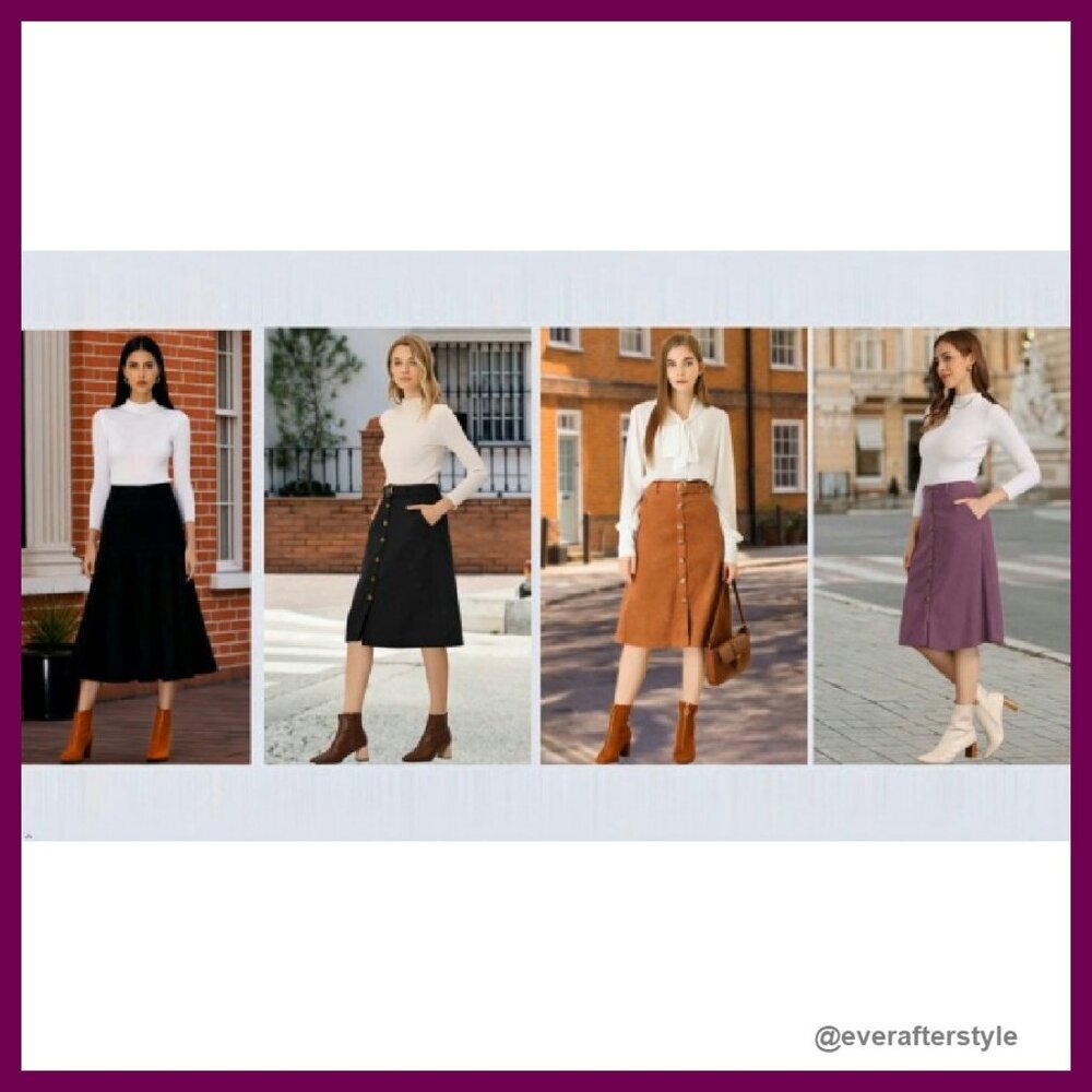 Corduroy Midi Skirt High Waist A-Line Retro Chic Button Front Belted - Picture 7 of 8